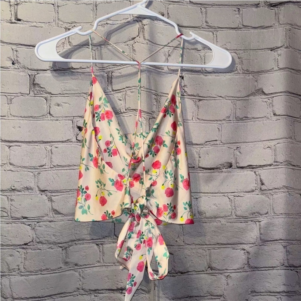 Zara Crop Top Women’s Size Medium Spaghetti Strap Handkerchief Back Tie Floral